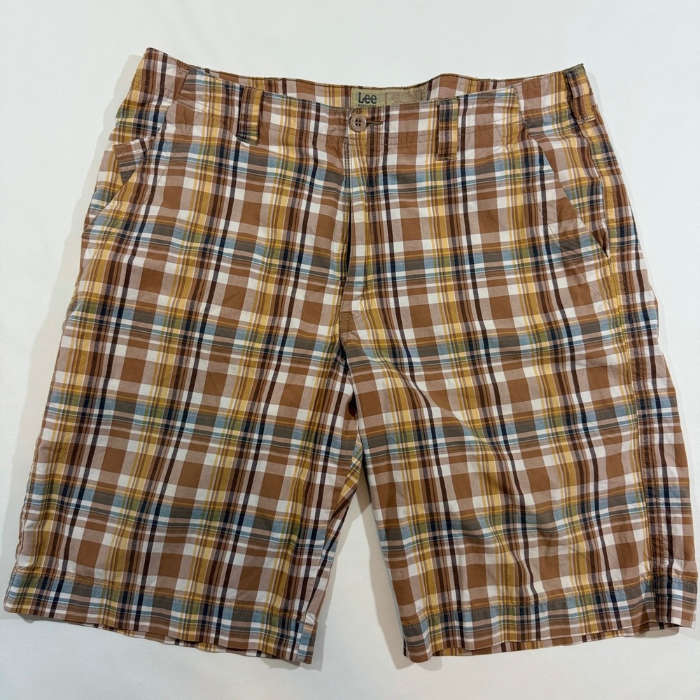Lee Dungarees Shorts Mens 36 Brown Plaid Good Cotton Relaxed Fit Cargo Style
